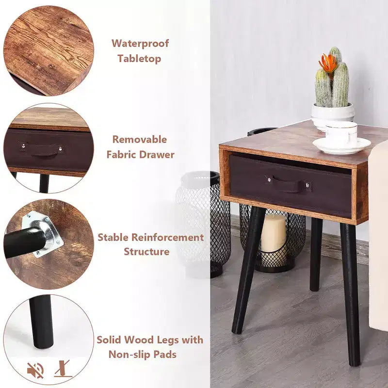 Table de Chevet d'Appoint du Milieu du Siècle avec Tiroir en Tissu Marron Rustique