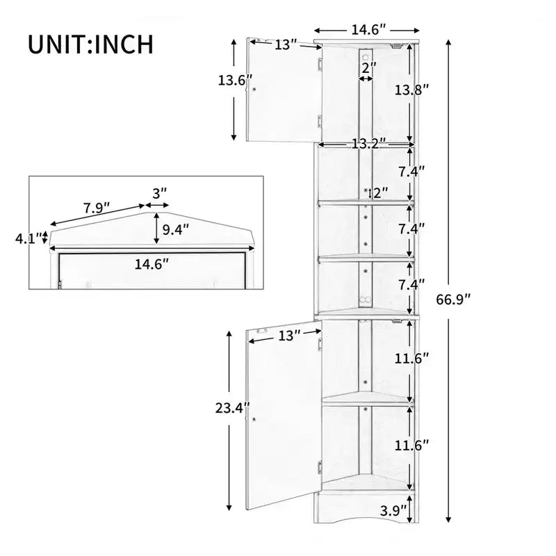Meuble d'angle de salle de bain haut de 67 pouces, meuble de rangement au sol autoportant avec étagères réglables, organisateur de placard étroit pour salle de bain, cuisine, salon